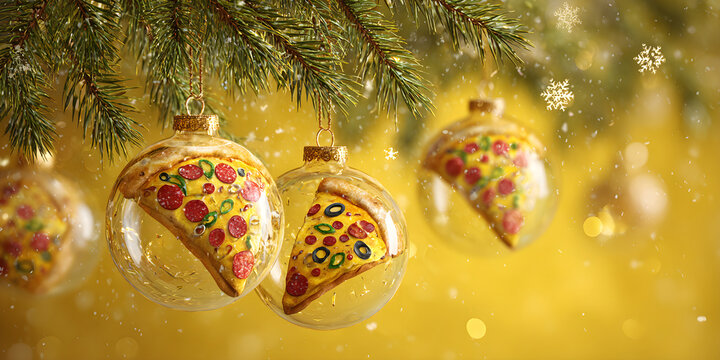 Pizza slice ornaments inside clear glass balls hanging from pine tree branches with snow falling and golden festive background in closeup holiday scene
