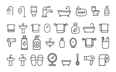 Fototapeta premium Collection of bathroom-themed icons in line art style — bathtub, towel, toothbrush, toilet brush, hair dryer, soap bar, towel hanger, perfume bottle, bathroom slippers and shampoo bottle