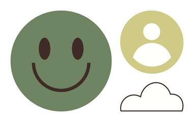 Fototapeta premium Green happy circle, beige user icon, and simple black cloud outline representing happiness, community, and connectivity. Ideal for communication, positivity, tech, cloud storage digital interaction