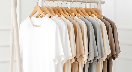 Neutral T-Shirts on Hangers - Minimalist Wardrobe Essentials.