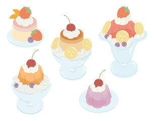 Cute dessert colletion white background. Gelatine dessert vector