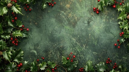 A textured green background framed by holly leaves and red berries. The scene evokes a festive atmosphere, suitable for holiday themes. horizontal banner, copy space, free space for text