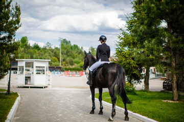 Dressage rider in tails entering the greeting lineup, photographed from behind. 