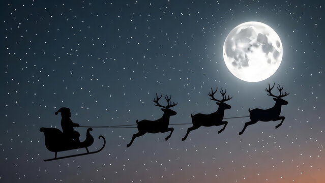 Santa’s Sleigh Silhouette Against Full Moon on Christmas Eve - Powered by Adobe