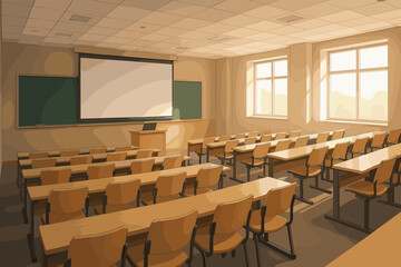 Fototapeta premium Empty classroom with rows of wooden desks and chairs facing a projector screen and a blackboard under warm interior lighting.