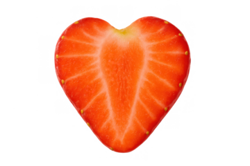 Heart shaped strawberry half cut, showing red fruit pulp and healthy eating concept on transparent background