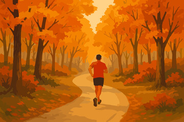 A solitary male figure jogs along a winding path surrounded by vibrant autumn foliage in a forest setting.