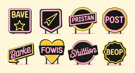 Eight vibrant retro-style neon signs displaying various nonsensical words and symbols, each with colorful outlines and unique shapes.