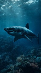 Obraz premium A massive great white shark with rough scarred skin swims next to a vibrant coral reef.