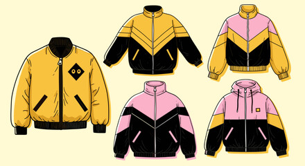 Stylish collection of colorful bomber jackets and hoodies with geometric designs, featuring yellow and pink accents on a neutral background.