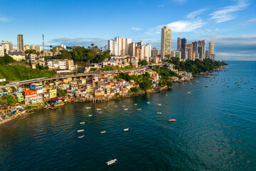 Colorful Houses on the Coast of the All Saints Bay and Salvador Cityscape in Northeastern Brazil