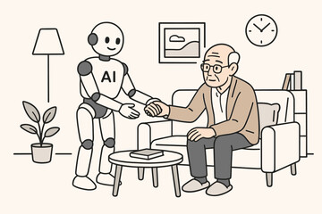A humanoid robot wearing an ai-labeled shirt assists an elderly caucasian male sitting on a sofa in a cozy living room setting.