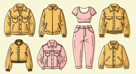 A collection of stylish outerwear featuring various yellow jackets and pink clothing, including a crop top and pants, showcasing modern fashion design.