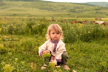 Young child in traditional attire exploring a green field