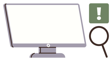 Desktop monitor with a magnifying glass and exclamation mark for focus on detail, problem-solving, or alerts. Ideal for research, caution, analysis, exploration, discovery, troubleshooting