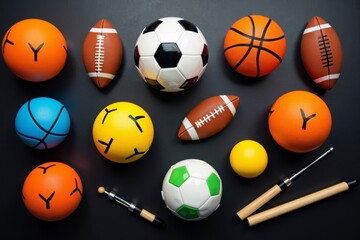 Overhead View of Vibrant Sports Balls and Artistic Equipment on a Polished Black Surface