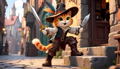 A cute cat dressed as a musketeer with swords and boots