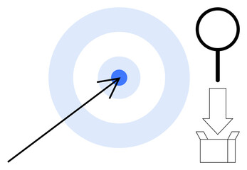 Arrow hitting target center, magnifier for analysis, arrow entering a box for implementation. Ideal for strategy, focus, vision, analysis, problem-solving delivery success. Simple flat metaphor