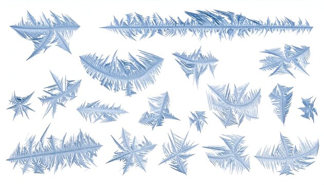 Multiple abstract icy blue crystalline structures arranged on a white background