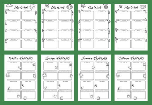 Weekly plan and season highlights 2026 bullet Journal Printable Planner Page Template, Vector Illustration, A4 and A5 Sizes, Hand Drawn Doodle Style. Planner pages bullet journal A5 A4 format