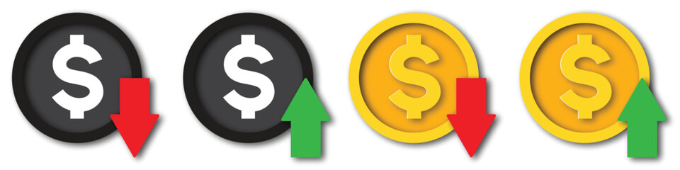 Dollar Coins with Upward and Downward Arrows Representing Financial Growth and Decline in Minimalist Flat Style.