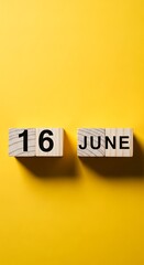 June 16th Date Blocks on Yellow Background - Calendar Reminder.