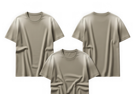 Modern apparel mockup featuring three neutral tone t-shirts displayed creatively transparent background