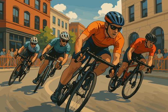Four male cyclists wearing helmets and vibrant jerseys aggressively racing through an urban street in a competitive cycling event.