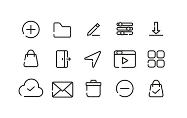 Set of minimal line icons for user interface design. Collection includes symbols such as add, folder, edit, download, shopping bag, logout, navigation, play, grid, cloud, mail, trash, and more. 