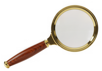 Antique golden magnifying glass with wooden handle for detailed inspection and research transparent background