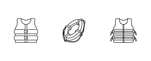 Life Vest & Lifebuoy Safety Line Art Icons Set on White Background Illustration Vector. Essential life jacket and lifebuoy icons for water safety, rescue, and boating designs.