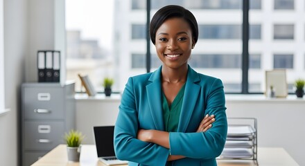 Portrait of a smiling woman in a teal suit standing in an office with her arms crossed at her chest