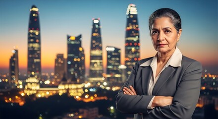 Portrait of a woman with crossed arms in front of a cityscape at dusk with illuminated buildings