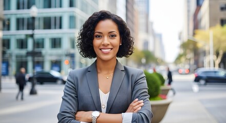 Portrait of a smiling woman in a blazer with arms crossed on an urban street with buildings behind