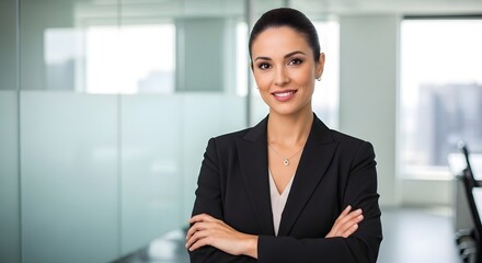 Portrait of a smiling businesswoman in a black suit with arms crossed in an office setting