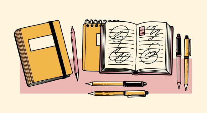 Assorted stationery items including a pink pencil, yellow notebooks, and pens arranged on a surface with an open notebook displaying scribbles.
