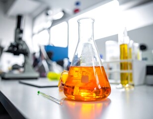 A lab scene shows a flask with orange liquid beside a microscope on a bright surface