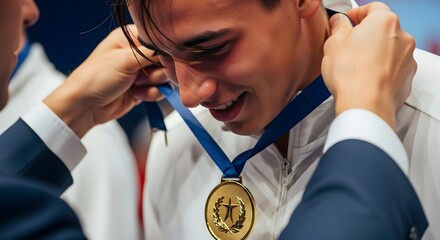 Man receiving a gold medal with a blue ribbon around his neck at an awards ceremony with a suit jacket