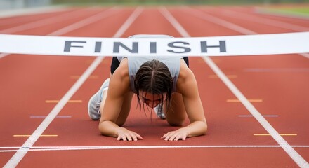 Exhausted athlete kneeling after crossing the finish line on a red running track outside race event