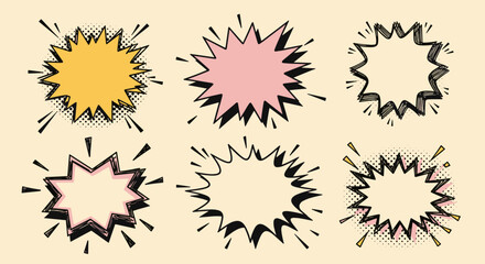 Obraz premium Six colorful comic-style speech bubbles with spiky edges, each uniquely patterned for dynamic communication effects.
