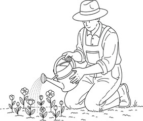 Gardener watering blooming flowers in black and white line art vector, representing nature care, agriculture, environment, and outdoor lifestyle concept.