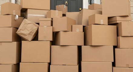 A large pile of cardboard boxes stacked high in front of a door of a building or house structure