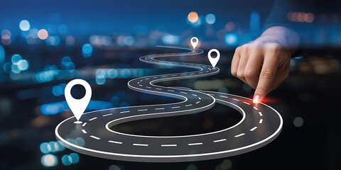 Navigating a winding road with location pins, illustrating journey planning, logistics, and destination