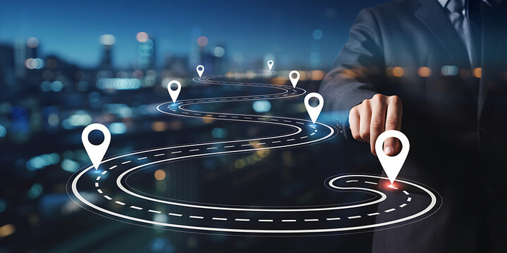 Businessman navigating a digital roadmap with location pins