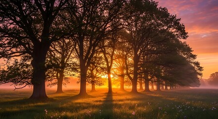 Golden Sunrise Through Trees - A Serene Landscape.