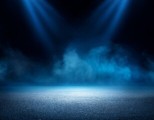 the dark stage shows dark blue background an empty dark scene neon light spotlights the asphalt floor and studio room with smoke float up the interior texture for display products