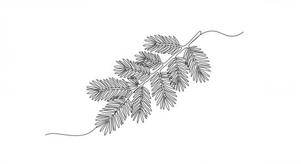 Continuous line art drawing of a pine tree branch with needles in black and white for Christmas and winter decor [with copy space]