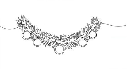 Continuous line art drawing of a Christmas garland with baubles in black and white for holiday decoration [with copy space]