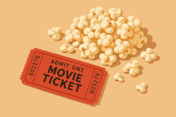 Red movie ticket with bold black text beside a scattered pile of popping popcorn on a light background.