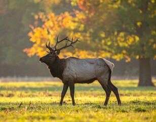A large elk stands in a sunlit autumn field with a backdrop of colorful trees